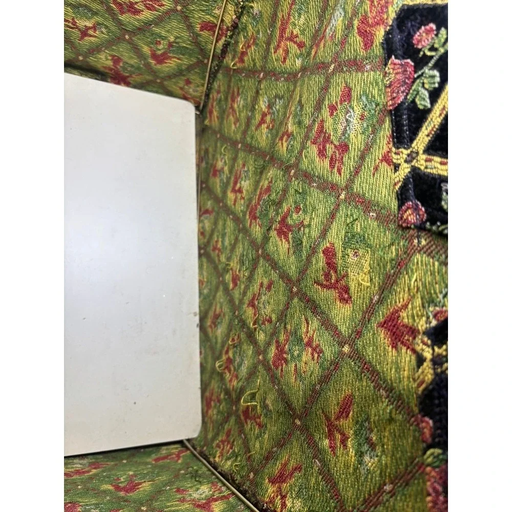 Vintage Tapestry Knitting Bag Black Floral Diamond Trellis Metal Frame Tote